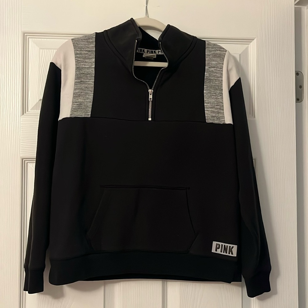PINK Victoria's Secret Black and Gray quarter Zip Up Sweater Sporty Design Sz S